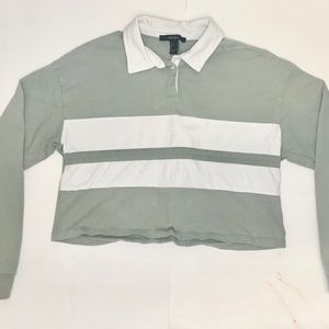 Forever 21 Sage Green White Stripe  Cropped Long Sleeve Shirt With White Collar